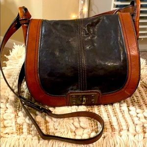 Fossil Brown & Black Leather Saddle Bag
